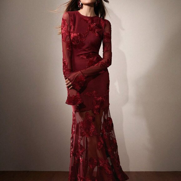 Red Elegant Romantic Women's Soft 3d Floral Embroidery Maxi Dress - Picture 5 of 8